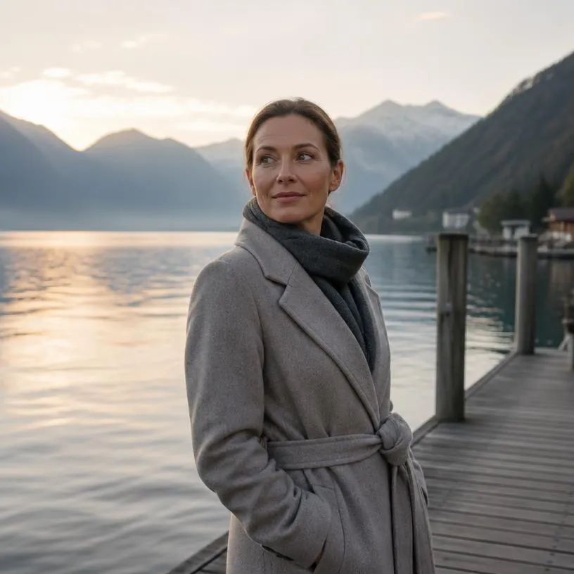 Family office: a woman on a jetty, by a mountain lake