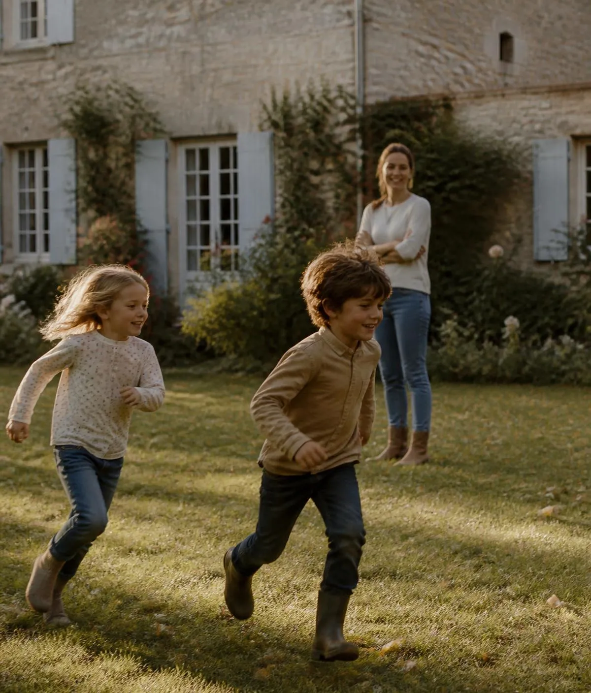 Real estate: children running across the lawn of a family house