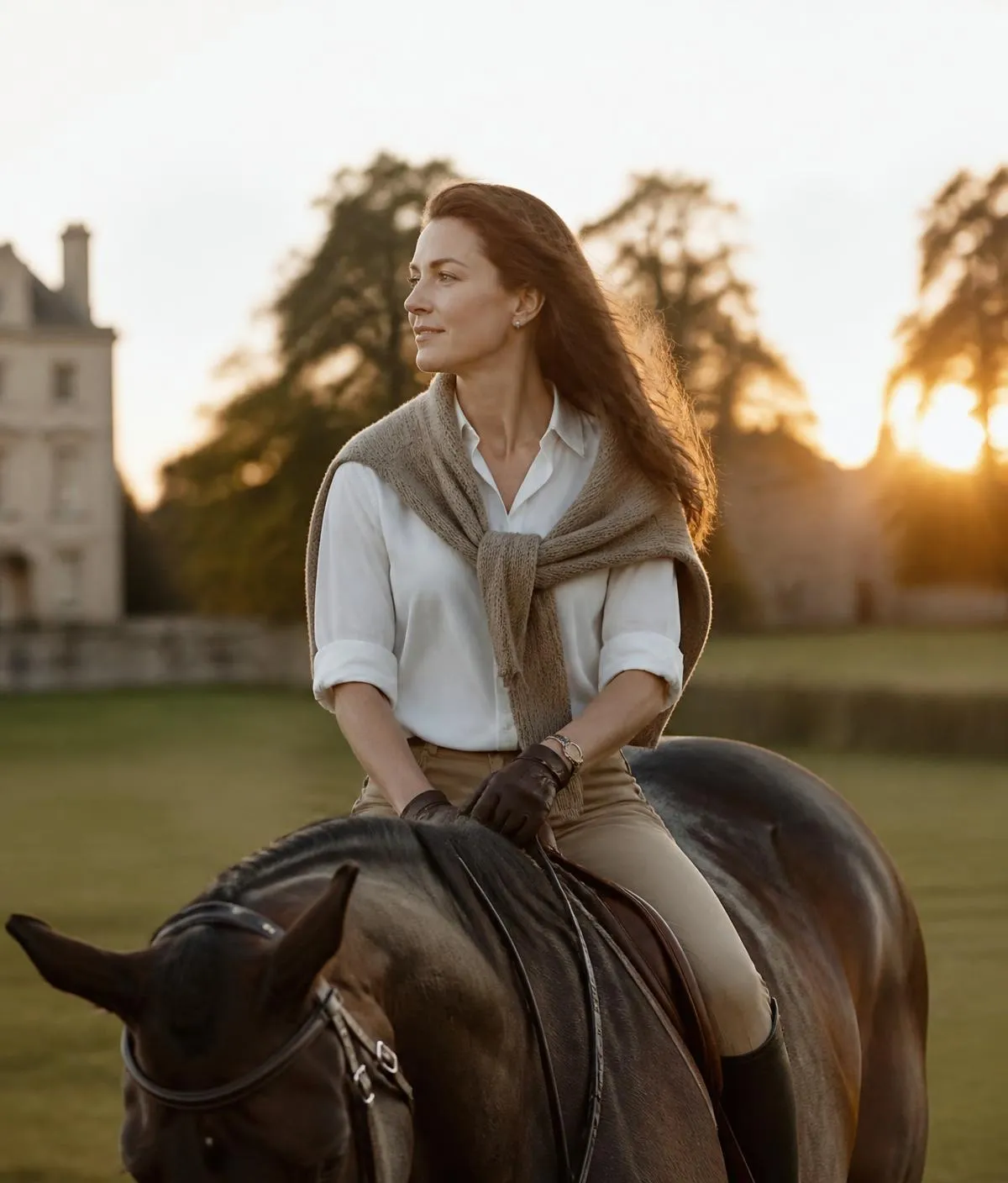 Wealth engineering: a rider in front of a manor house, at sunset
