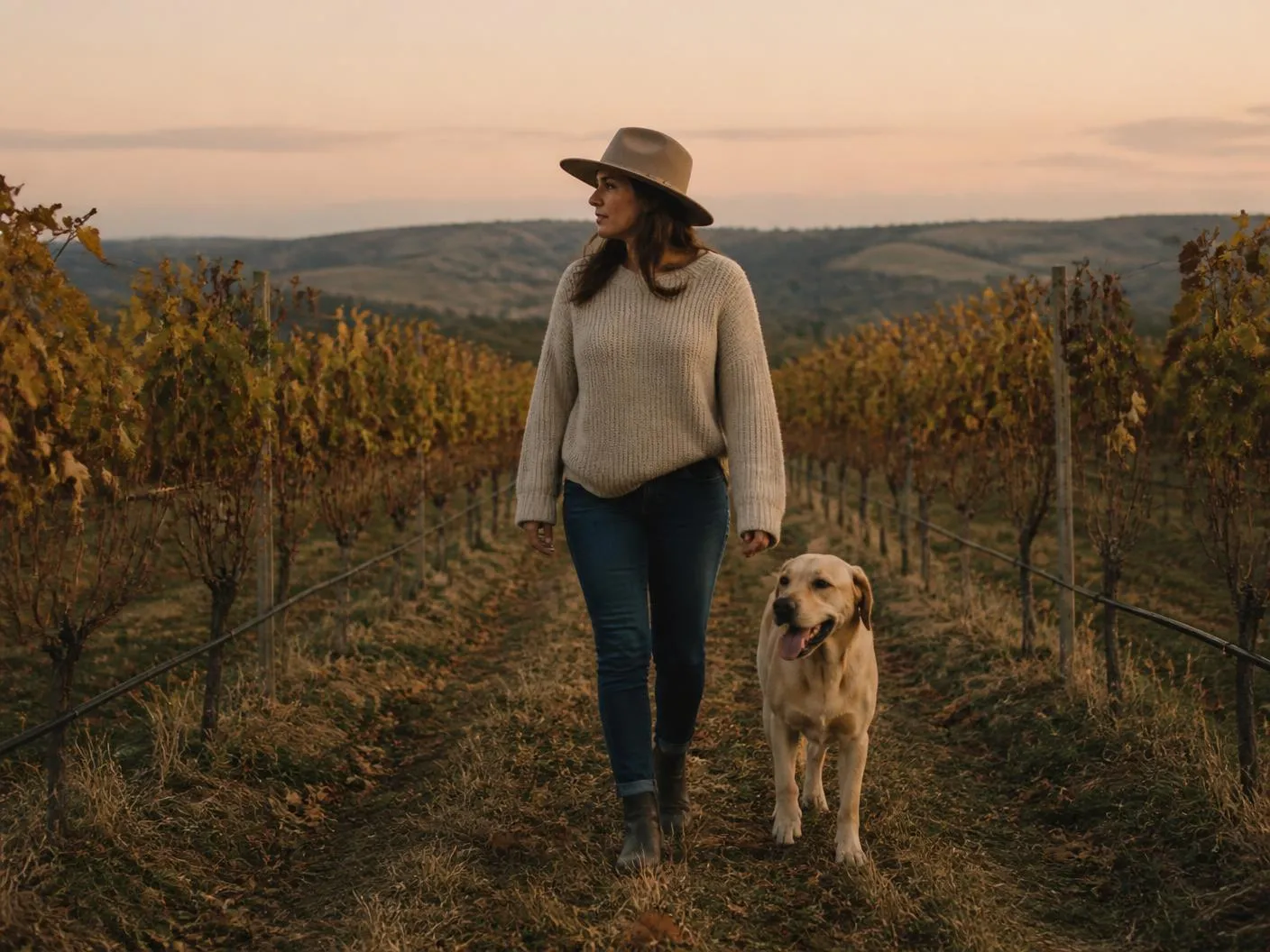 Protection and provision: a walk through the vineyard, with the dog