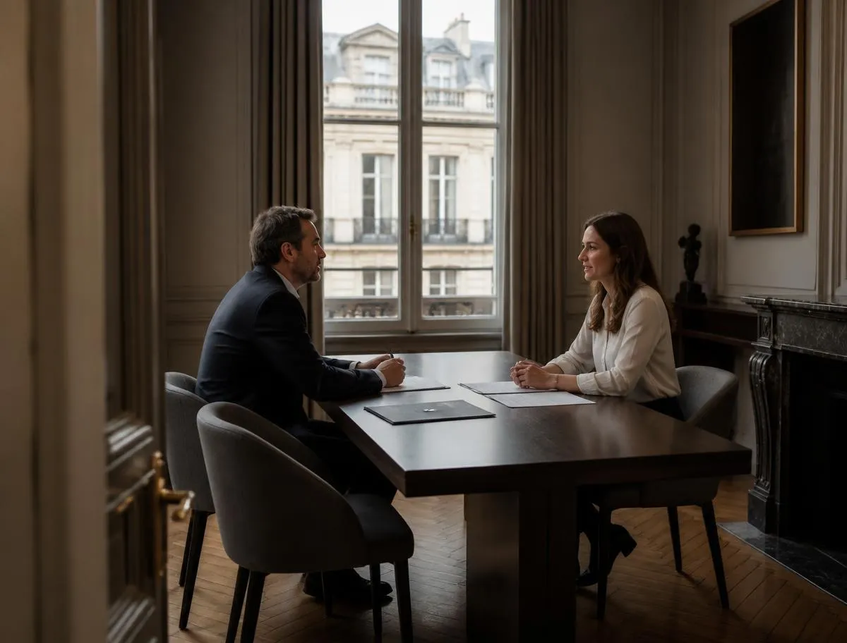 At our offices: an adviser and a client on either side of a work table
