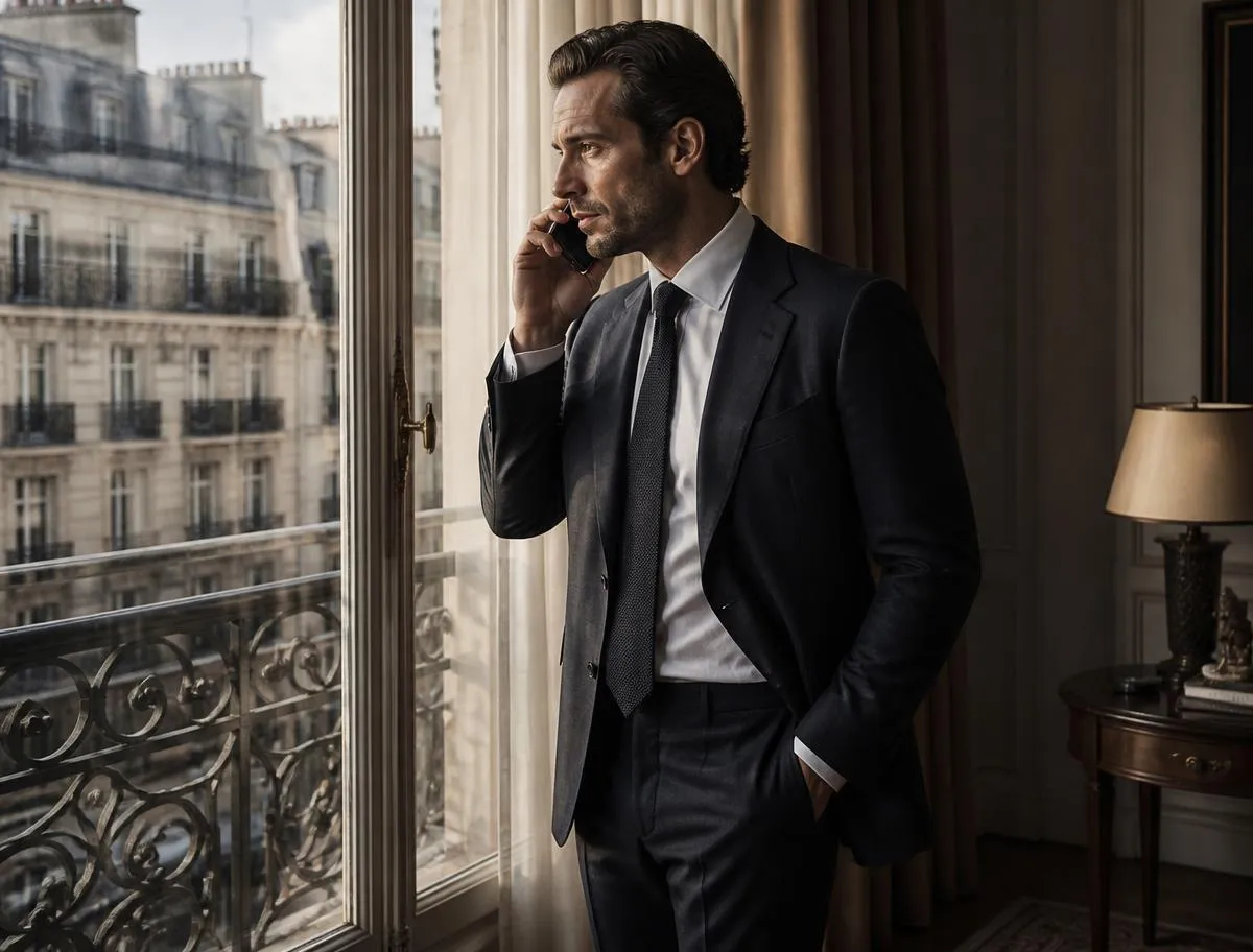 By telephone: a man in a suit on the phone, at a French window