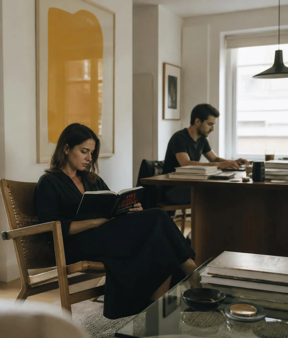 Retirement: a couple reading and working at home, in a bright room