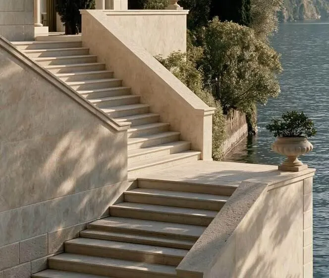 Transmission: a stone staircase running down to the lake between cypress trees